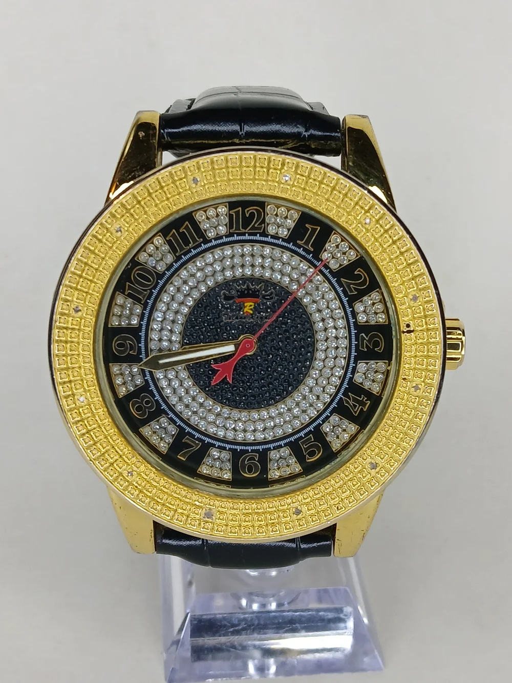 Techno Royale Mens Watch Gold Tone Case Genuine Diamond Bezel Black Leather...